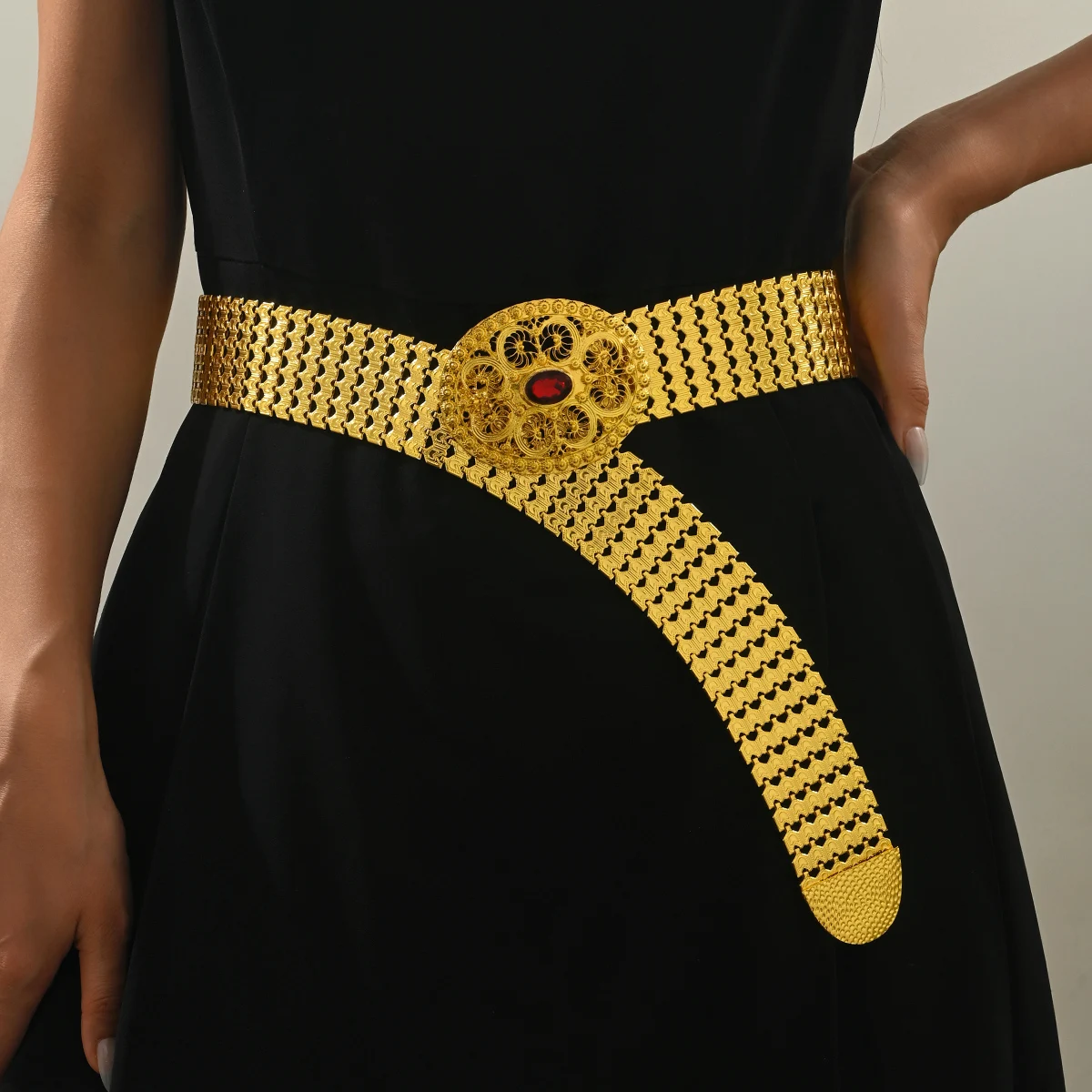 

Golden - Tone Wide Belt With Intricate Filigree Buckle & Red Gem, Adjustable Waist Belt For Dresses, Elegant Party Accessory