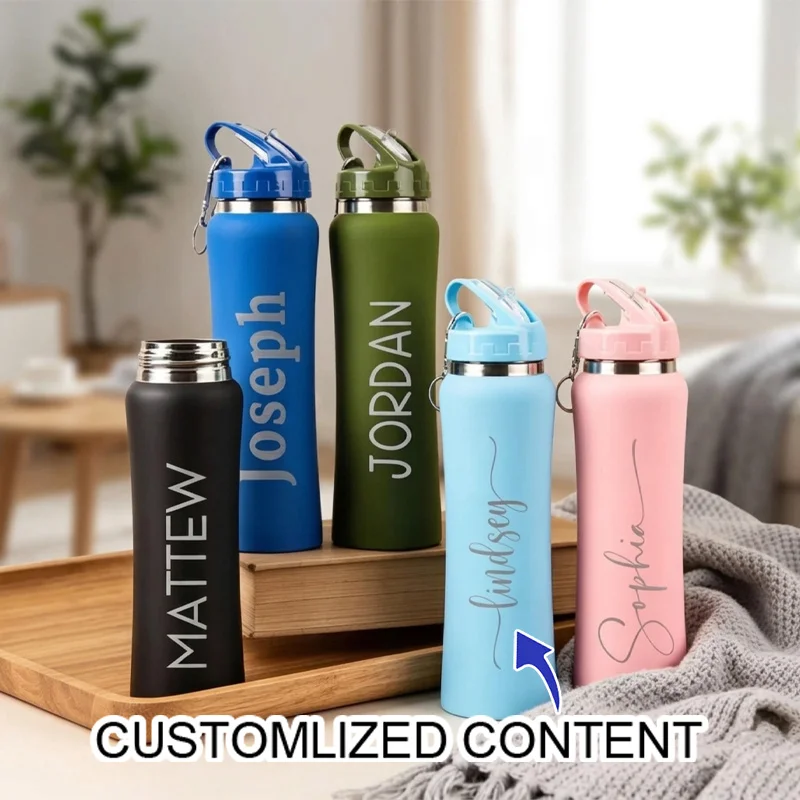 Personalized 600ml Stainless Steel Water Bottle Engraved Name Vacuum Bottle Spill-Proof Straw Lid Keep Hot Cold Gym Custom Gift