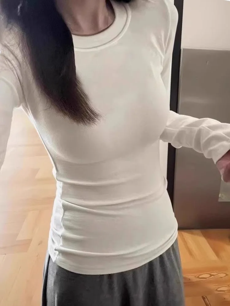 Spicy Girl Thickened Fleece Long Sleeve round Neck T-Shirt Women's Autumn Winter New Style Slim Fit Versatile Base Layer Top