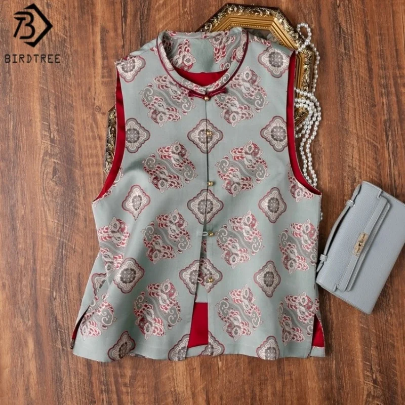 

Birdtree 100% Mulberry Silk Print Camisole,Women Song Brocade Sleeveless Stand Neck Chinese Style Autumn Vest Waistcoat T59122JF