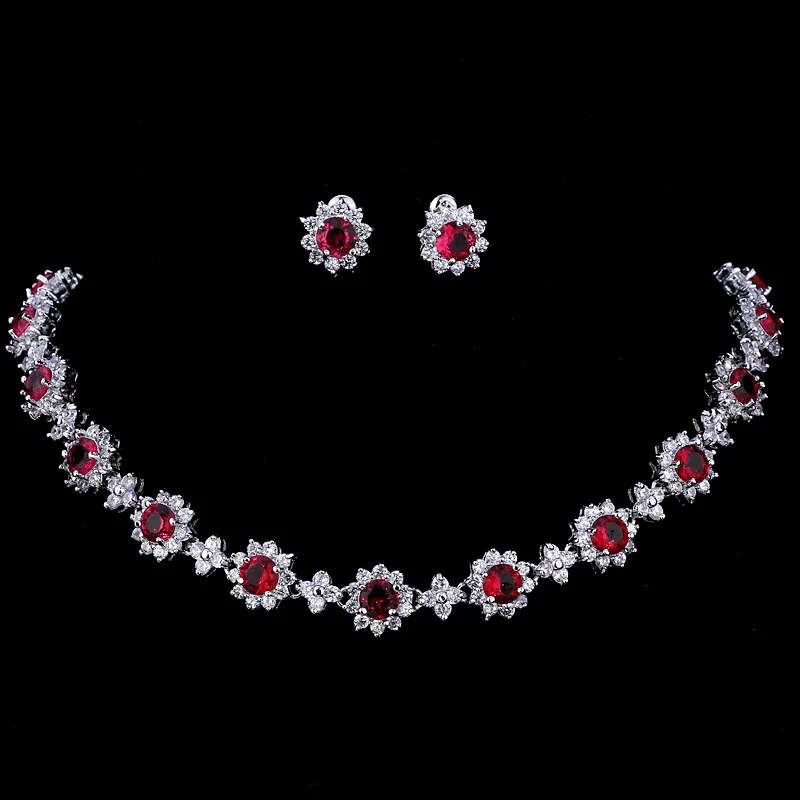 

2pcs Jewelry Sets Necklace Stud Earrings White Red Green Blue Round Jewelry Simplicity Anniversary Gift Female