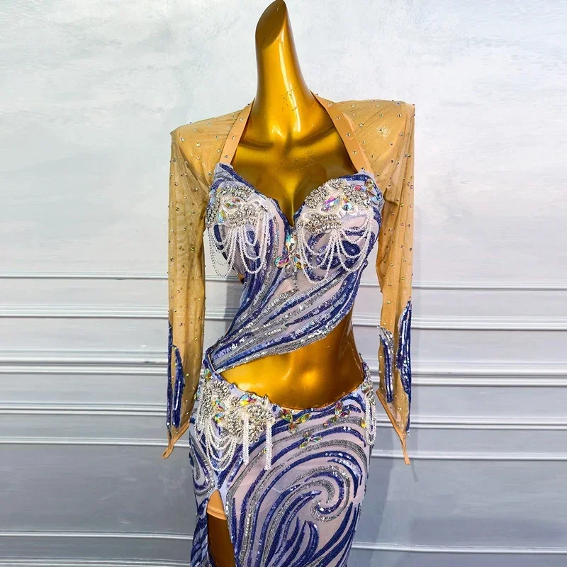 Femmes luxe strass Senior paillettes danse orientale adulte compétition vêtements danse du ventre Performance Costumes tenue