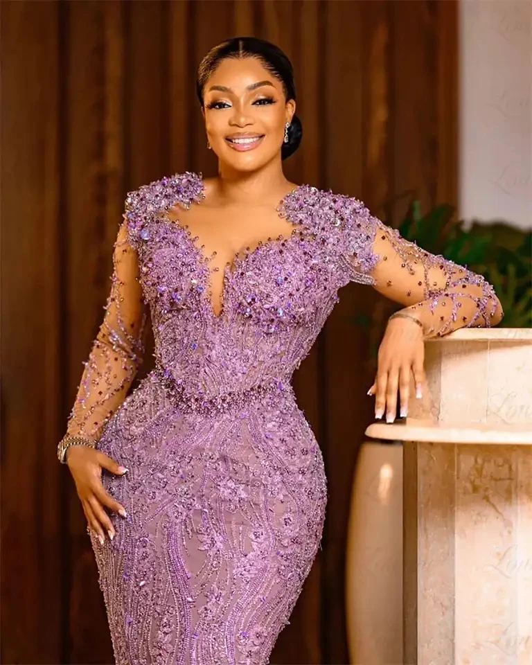 African Plus Size Mermaid Evening Dresses Purple Beaded Lace Elegant Prom Gown Aso Ebi Style Long Engagement Party Dress Custom