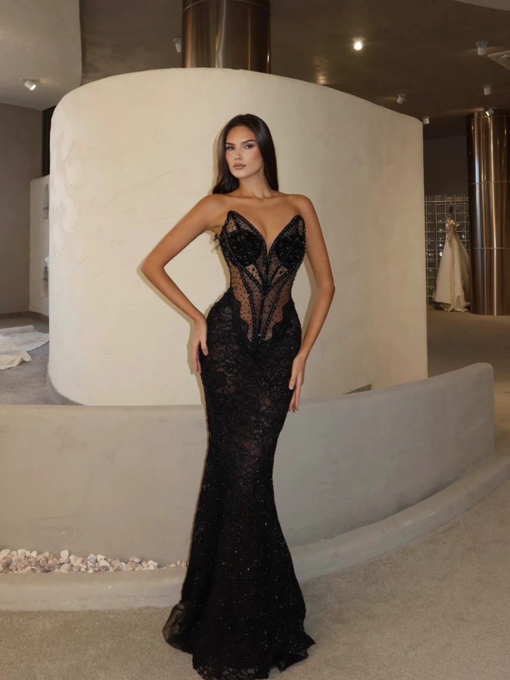 أسود مطرز الرباط حورية البحر فستان سهرة طويل الوهم الخامس الرقبة بلا أكمام ثوب حفل زفاف مخصص رشيقة فساتين لحضور الحفلات الموسيقية