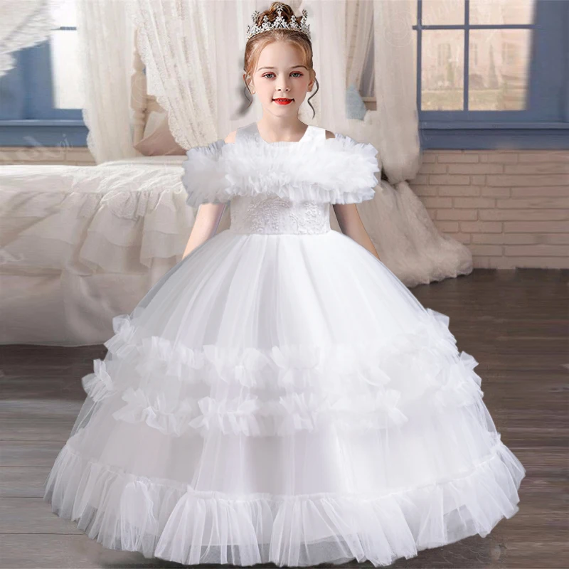 New lace Christmas party one shoulder evening dress for 3-12-year-old birthday party, mesh fluffy girl princess dress