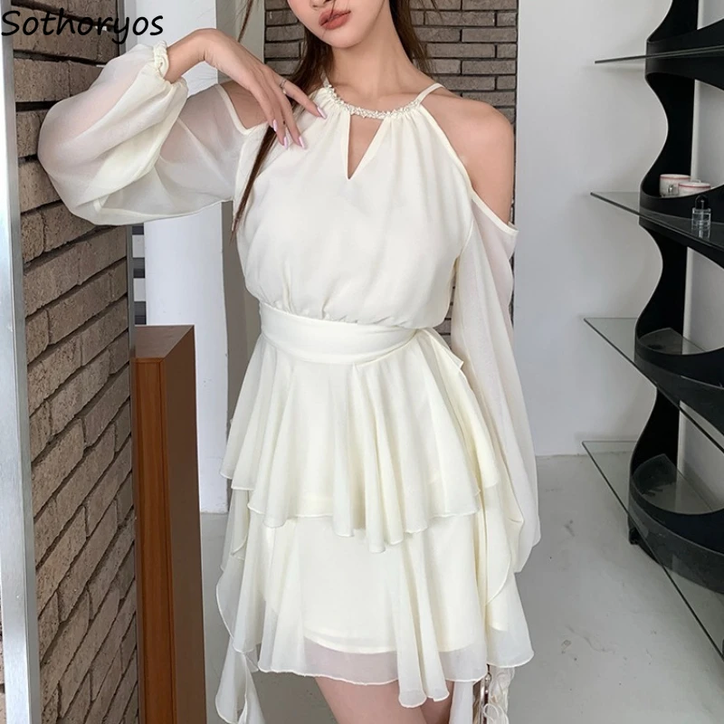 French Long Sleeve Dresses Women Solid Off Shoulder Party Mini Dress Spring Gentle Temper Feminine Sweet Defined Waist Vestidos