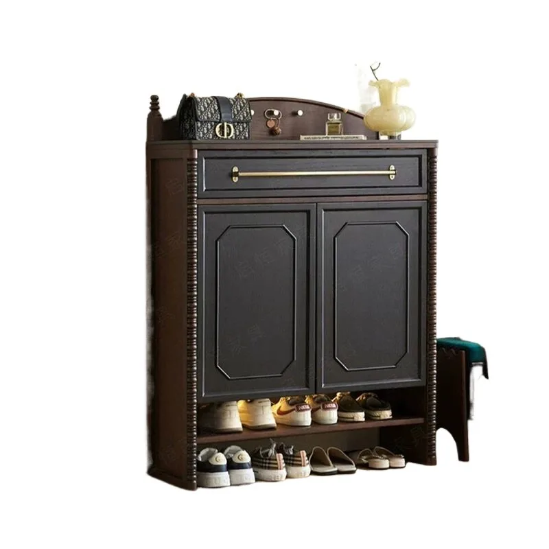 French retro solid wood door shoe cabinet, large-capacity storage cabinet against the wall