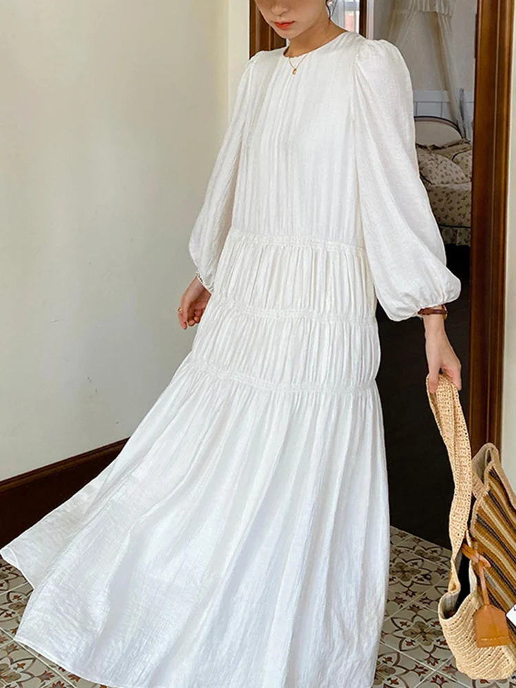 GypsyLady Elegant French Chic Maxi Dresses Autumn Spring Tiered Long Lantern Sleeve White Casual Women Ruffles Ladies Dress New