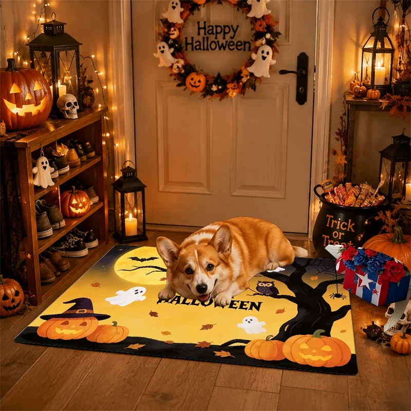 Hello Fall Black Cat Doormat, Pumpkin Mushroom Maple Leaf Print Entry Mat, Autumn Front Door Rug