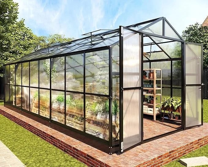 Modern mini garden greenhouse, easy to install prefabricated polycarbonate board aluminum frame backyard drive greenhouse
