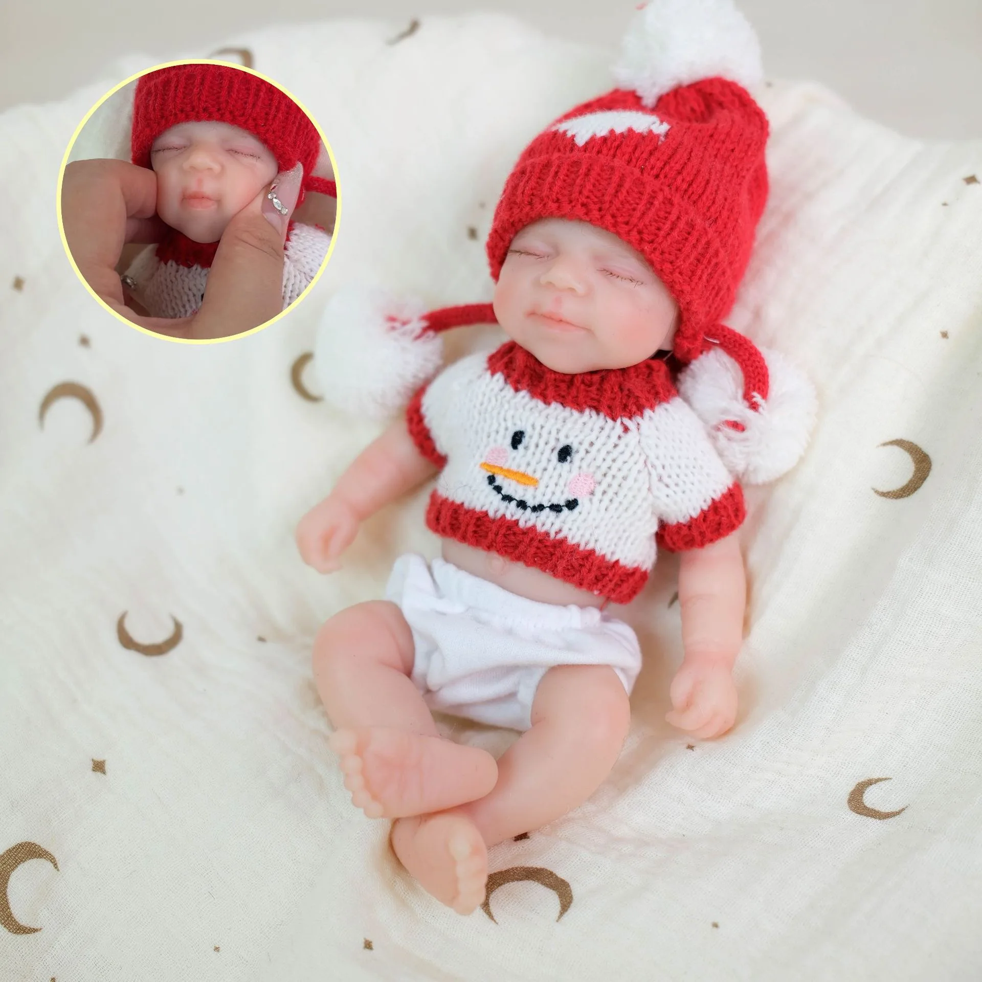 

8-Inch Platinum Silicone Reborn Baby Doll in Festive Red Snowman Outfit & Knit Hat, Perfect Christmas Collectible