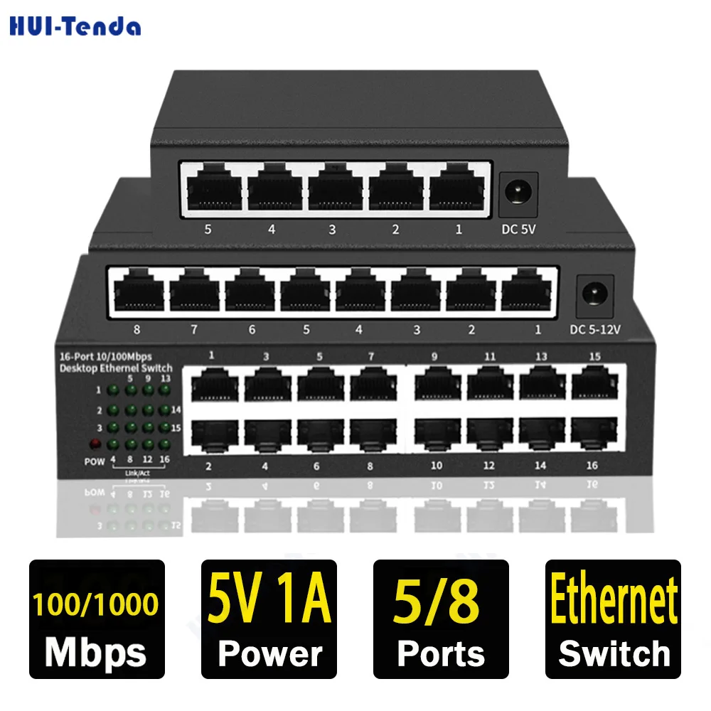 Huitenda محول الشبكة 5/8/16 منفذ محول إيثرنت محول 100/1000Mbps الذكية الجلاد الإنترنت حاقن سطح المكتب RJ45 محور معدني