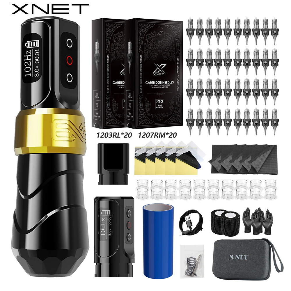 XNET FLUX MAX Wireless Tattoo Machine Kit Rotary Tattoo Pen 2400mAh Battery 40Pcs Mixed Tattoo Cartridges Set for Tattoo Art