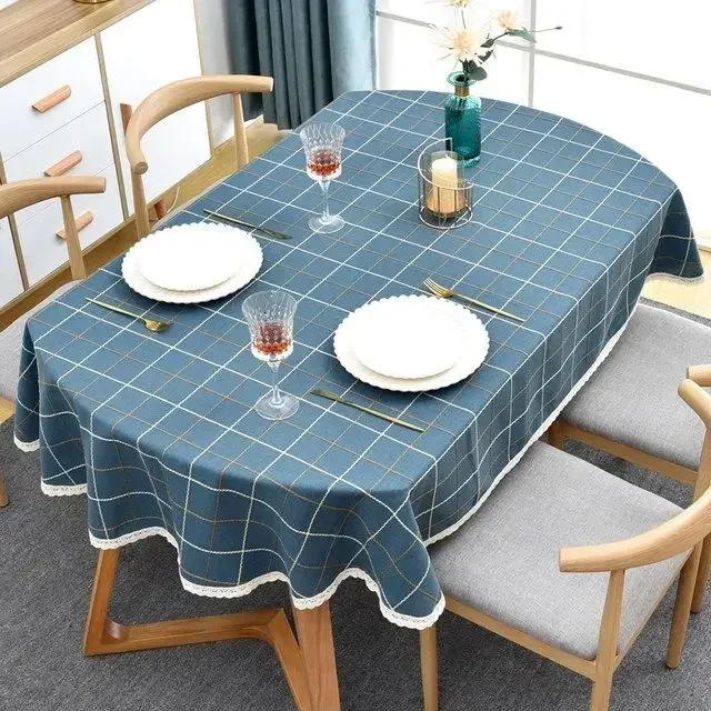 

Tablecloth Oval with Lace, Linen Fabric, Classic Table Cloth, Daily Dining Table Cover, Elegant and Daily, Plaid, 200cm