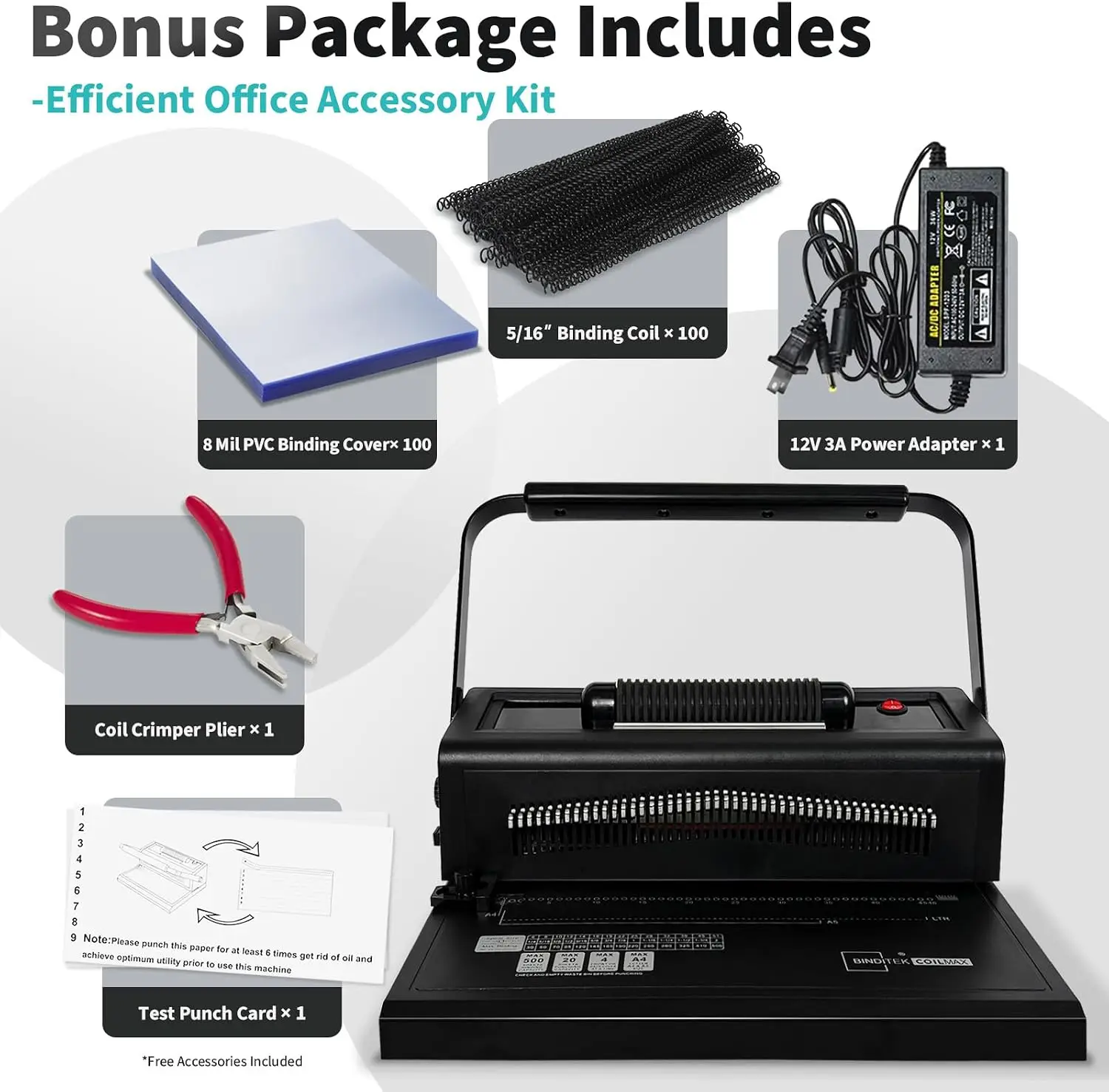 Spiral Binding Machine 41 Pitch 20Sheet Punch Bonus Kit 46 Disengageable Pins Electric Coil Inserter Adjustable Side Margin 100