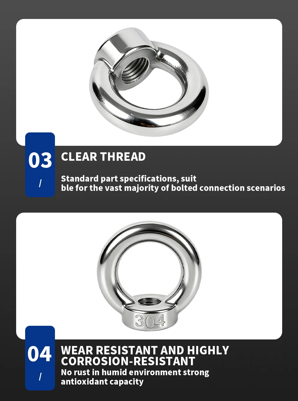 DIN582 Hebeösenmutter 304 Edelstahl Ringmuttern Marinequalität Hochleistungs-Hebeösenmutter M4 M5 M6 M8 M10 M12 M16 M20 – Detail 5