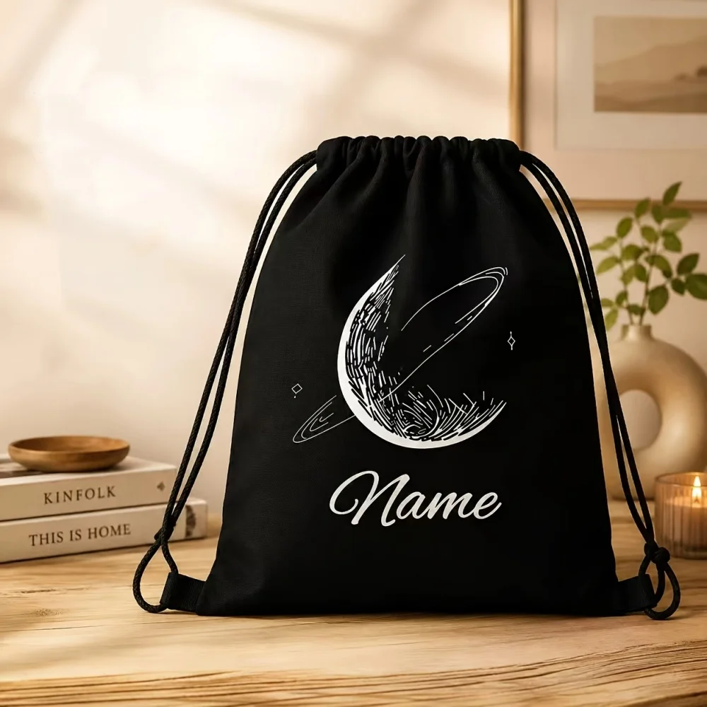 1Pc Custom Name/Text  Star & Moon Pattern Drawstring Backpack, Lightweight Sports Bag, Gym Storage Bag, Outdoor Travel Rucksack