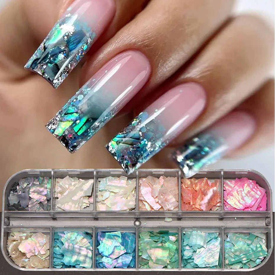 12 siatka brokat płatki muszli Abalone do zdobienia paznokci dekoracje 3D Charms wiosenne letnie plastry DIY Manicure błyskotka akcesoria