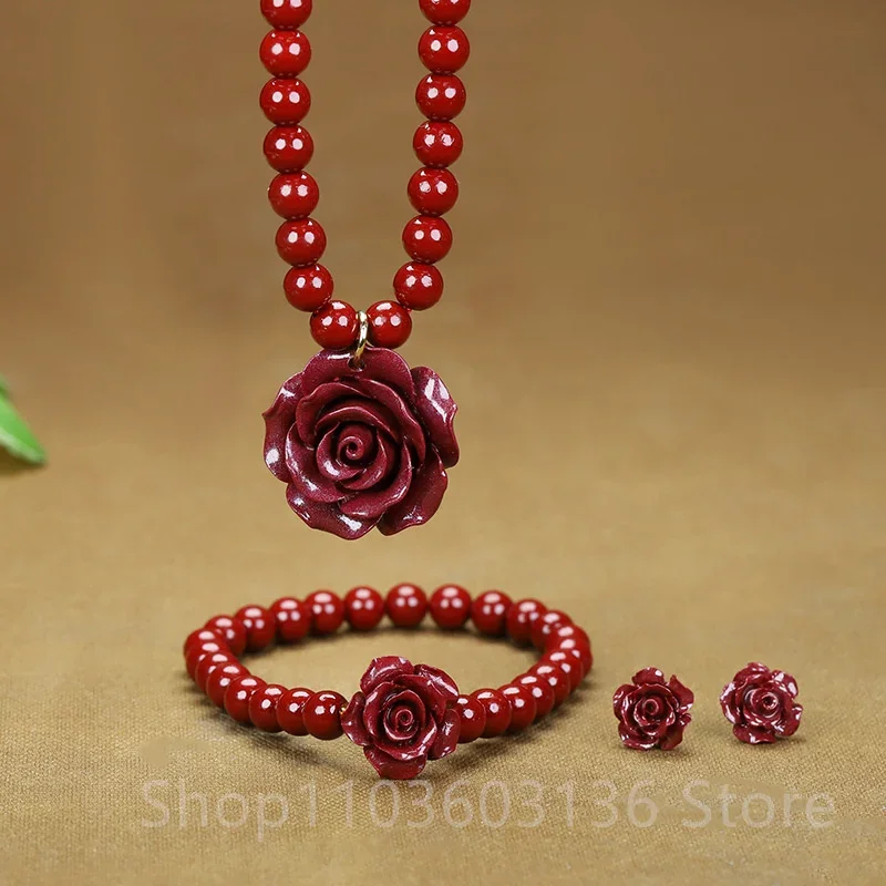 Natural high content cinnabar purple gold sand handmade bead rose pendant bracelet earring necklace