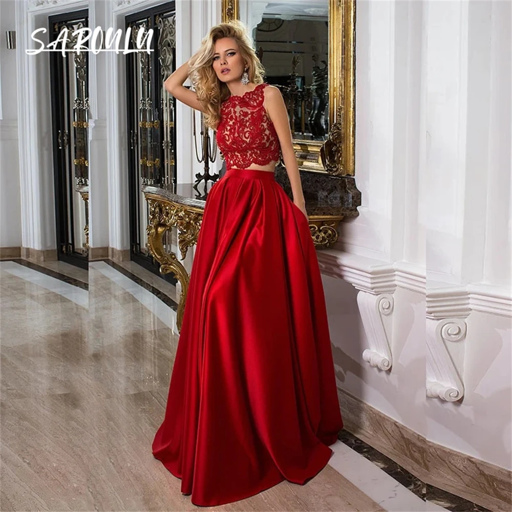 2 Pieces Lace Prom Dress Satin Skirt Tank Sleeve Long Evening Dresses For Women Zipper Party Gown Custom Made Plus Size