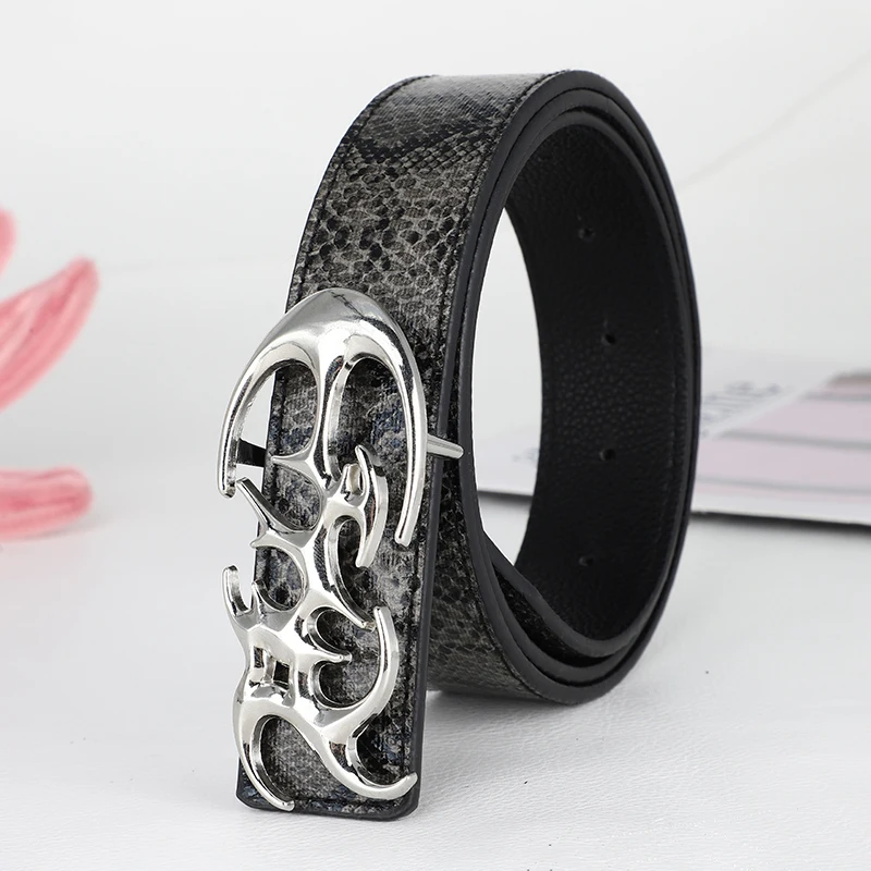 New Stylish Y2K Punk Hollow Flame Metal Buckle Snake Print PU Leather Unisex Fashion Waist Belt Accessory Gift For Men Women