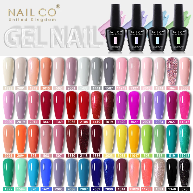 NAILCO 15ml Color UV Gel Polish Set Varnishes Lacquer Manicure Semi Permanent Gel Hybrid Nails Soak Off Base Top Coat LED Gellak