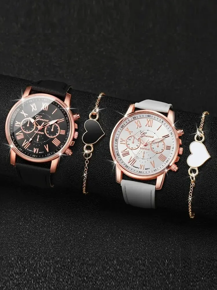 4pcs Fashionable, Minimalist, and Versatile Set for Men and Women, Paired with Quartz Watches and Heart-shaped Bracelets