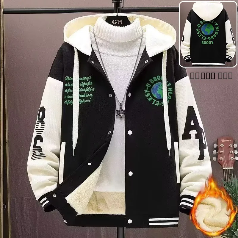 

Мужская бархатная бейсбольная куртка с капюшоном Thiened Lamb, повседневная верхняя одежда с принтом, весна-осень-зима, теплая модная