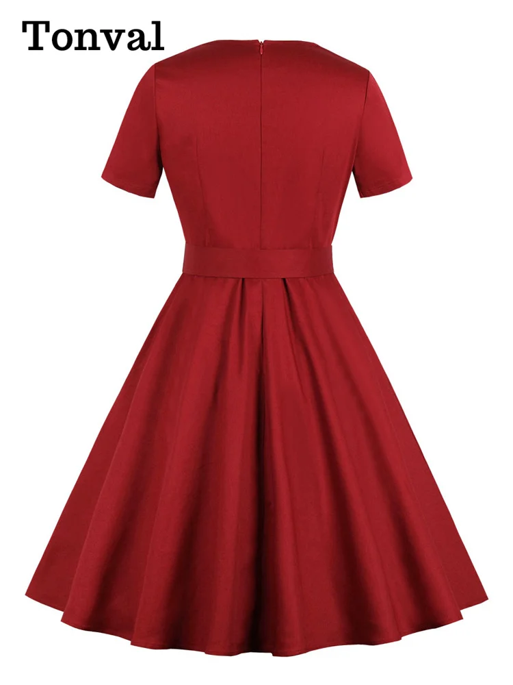 Tonval Pinup Women Square Collar Button Front Belted 50s Rockabilly Dress Short Sleeve Pocket Elegant Solid Vintage Dresses