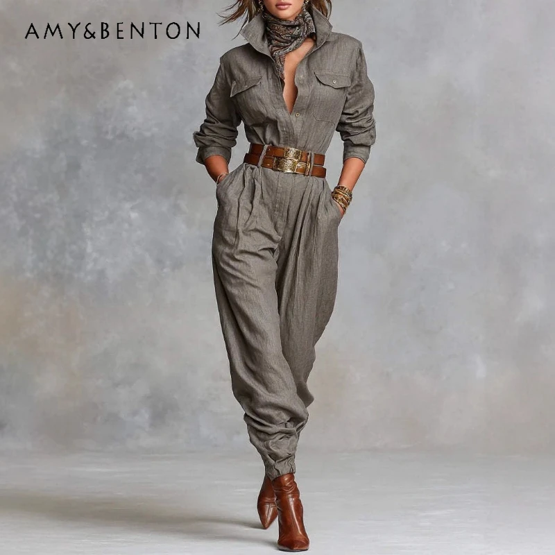 

Женский комбинезон 2026 года: Оригинальный ретро-стиль, милый и дерзкий, с длинным рукавом, отложным воротником, однобортный, на нескольких пуговицах