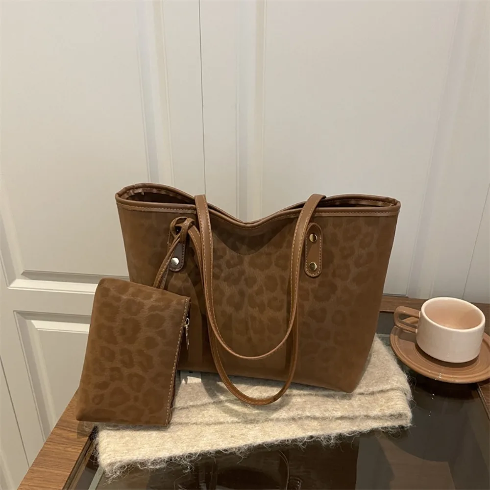 2 unids/set bolso de hombro con estampado de leopardo para mujer para desplazamientos, uso diario, bolso de mano informal, bolsos y monederos de gran capacidad para mujer