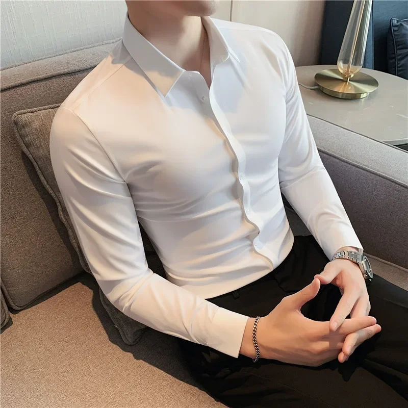 High-end Seamless Shirt Men\'s Long Sleeved Slim Fit Elastic Shirts Top Quality Luxury Business Social Formal Dress Shirts 4XL-M