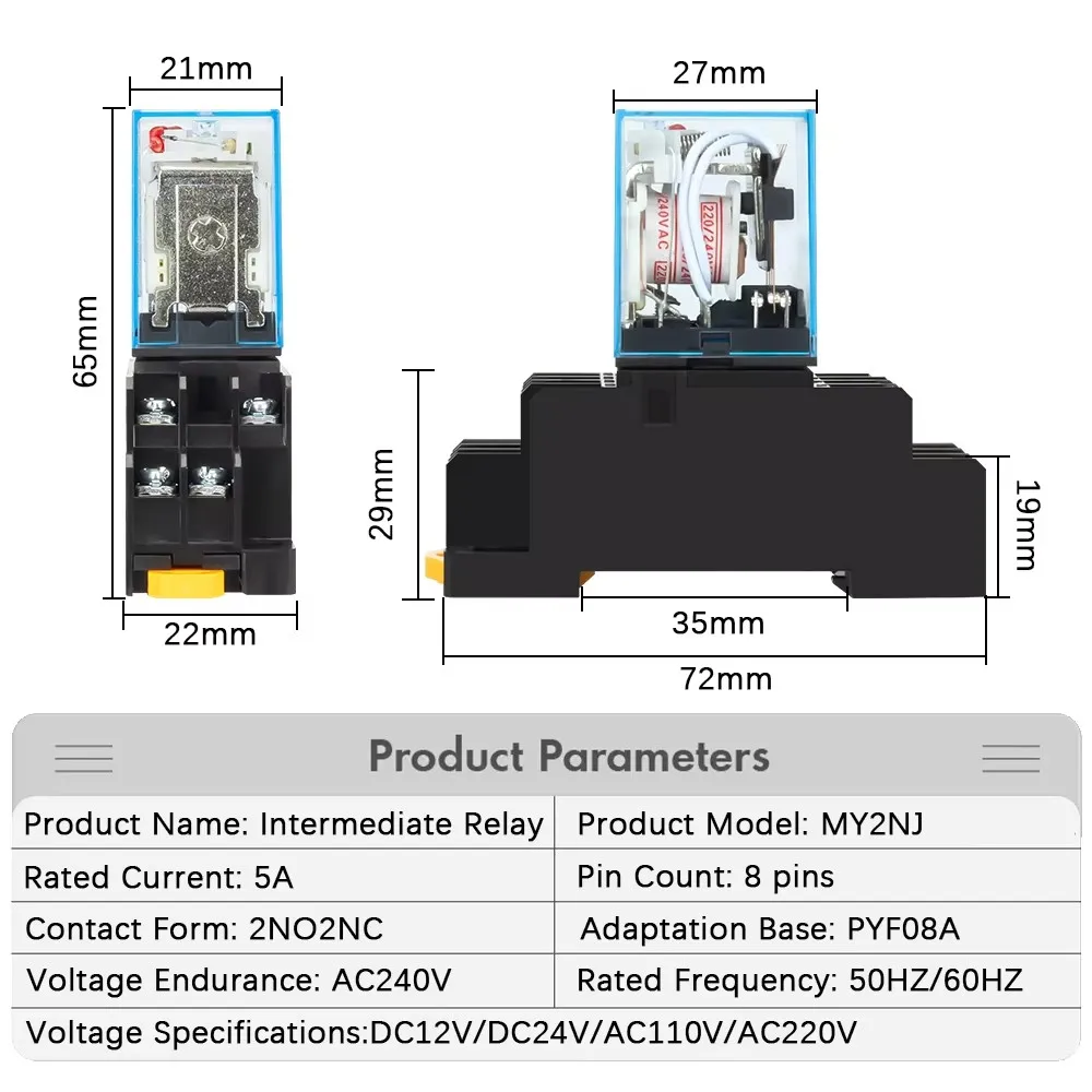 MY2NJ MY3NJ MY4NJ DIN Rail Small Electromagnetic Relay Coil Power Relay DC12V DC24V AC24V AC110V AC220V With Socket Base 2NO 2NC