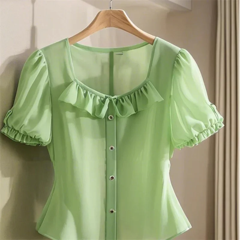 

Новая летняя рубашка с рюшами, женская мода, шифоновые блузки с квадратным воротником и короткими рукавами, винтажный однобортный топ, сплошной цвет