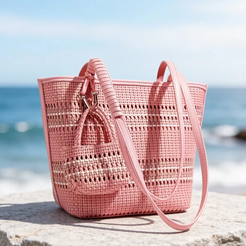 

Handwoven Beach Tote Bag For Women Luxury Designer Handbag Purse 2026 New In PU Handle Hollow With Mini Pocket Underarm Shoulder