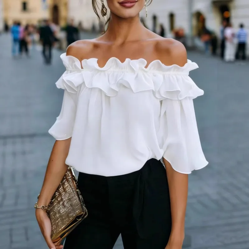 

2026 Women's Off Shoulder Ruffle Blouse Solid Color Short Sleeve Casual Party Top