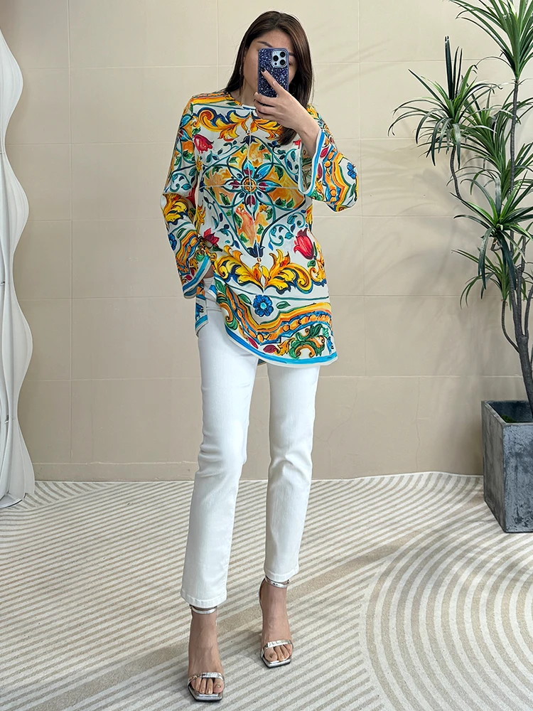 

Женская блузка Tangmi Home из шелкового сатина 9 Momme с этническим принтом, модная, элегантная, с длинным рукавом, круглым вырезом и застежкой-молнией