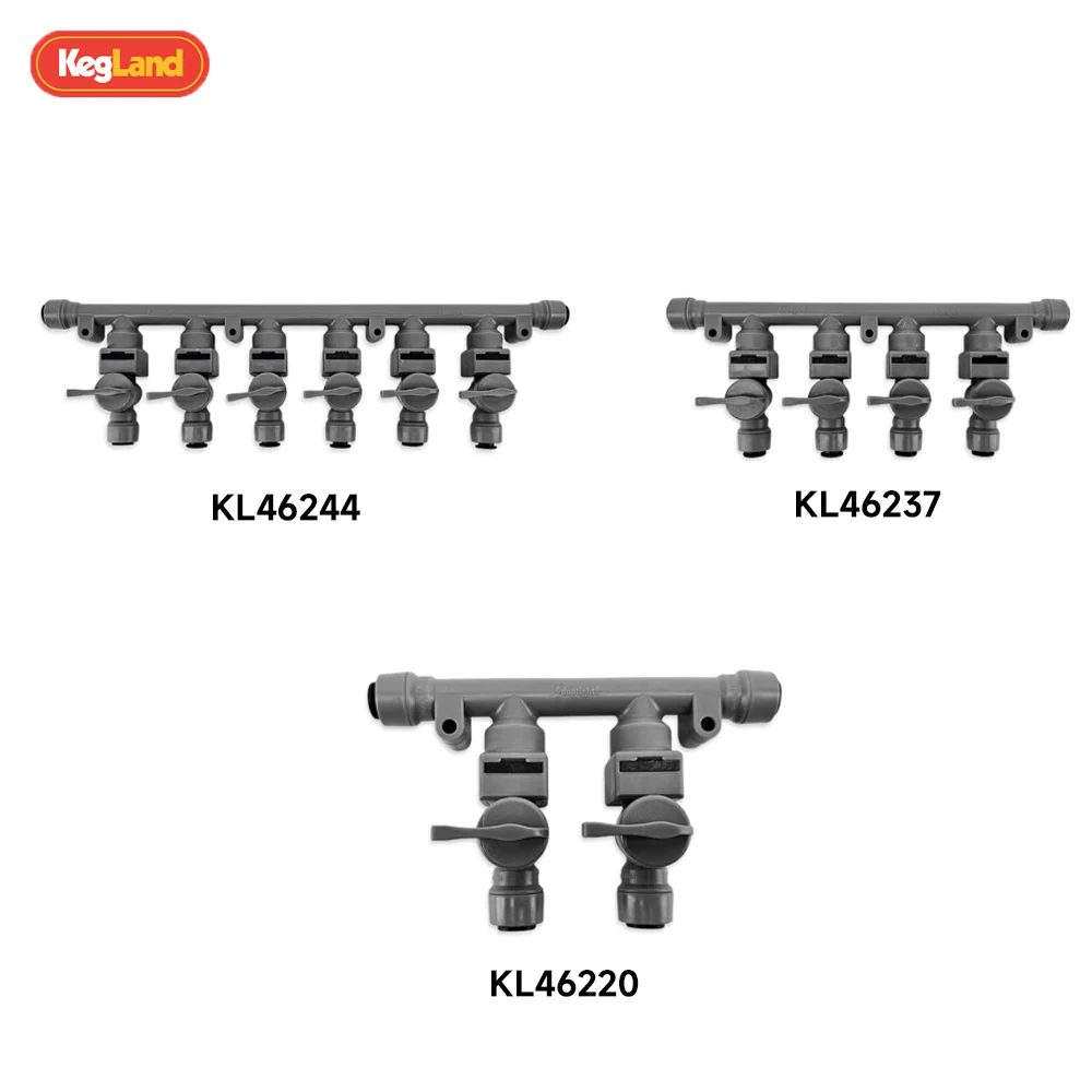 KegLand 8 mm (5/16) Duotight X 2/4/6-Wege-Krümmer-Kunststoffschlauchverbinder mit Rückschlagventilen und Trennventilen