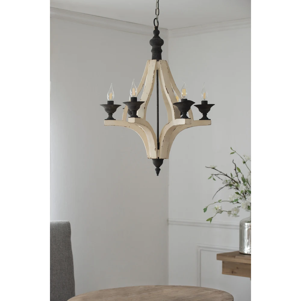 6 - Light Wood Chandelier, Hanging Light Fixture with Adjustable Chain for Kitchen Dining Room Foyer Entryway, Bulb Not Included