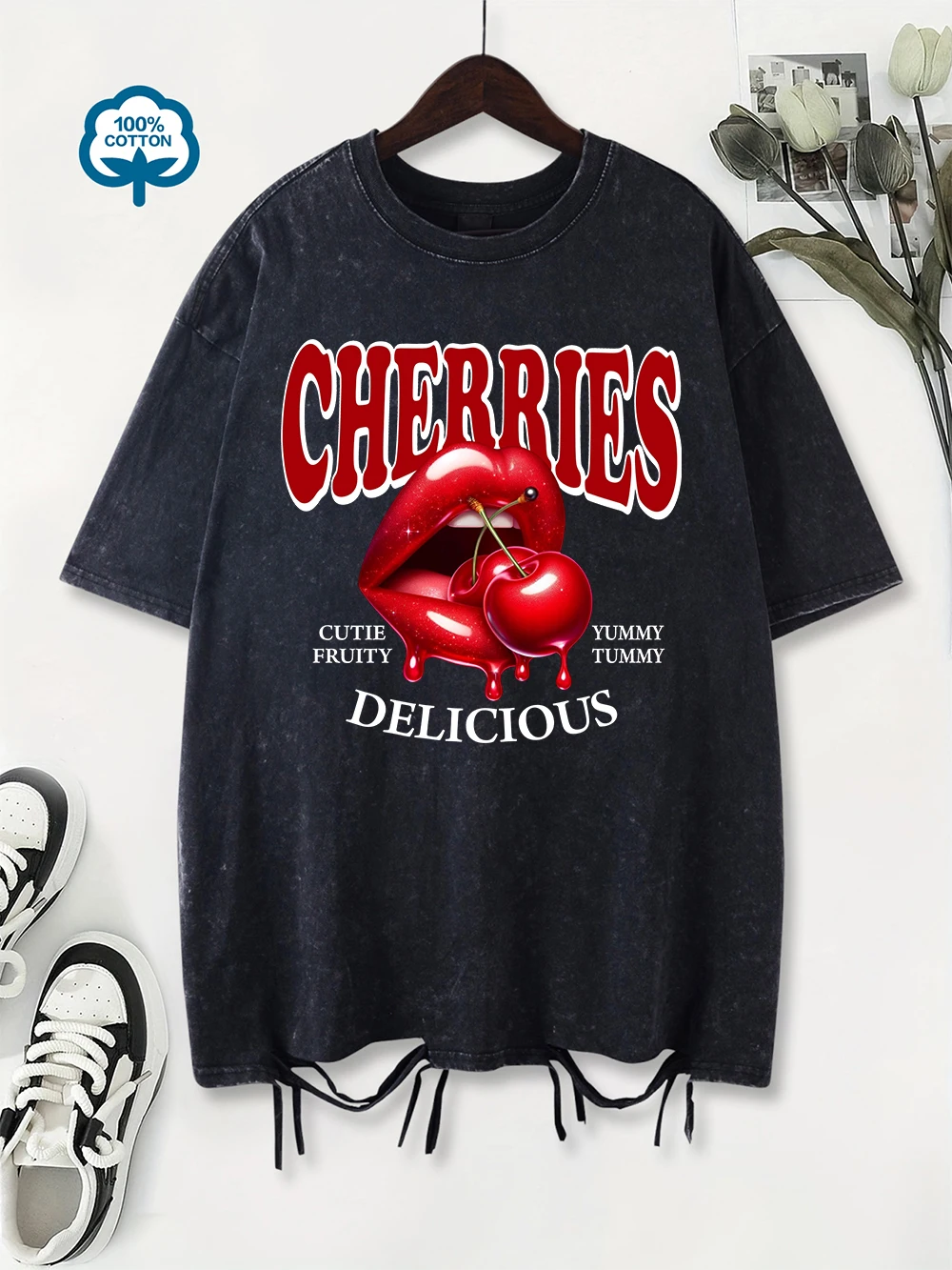 

Cherries With Bright Lips Prints Washed T-Shirt Womens Cotton Oversized Tops Casual Distressed O-Neck T Shirt Summer Clothes