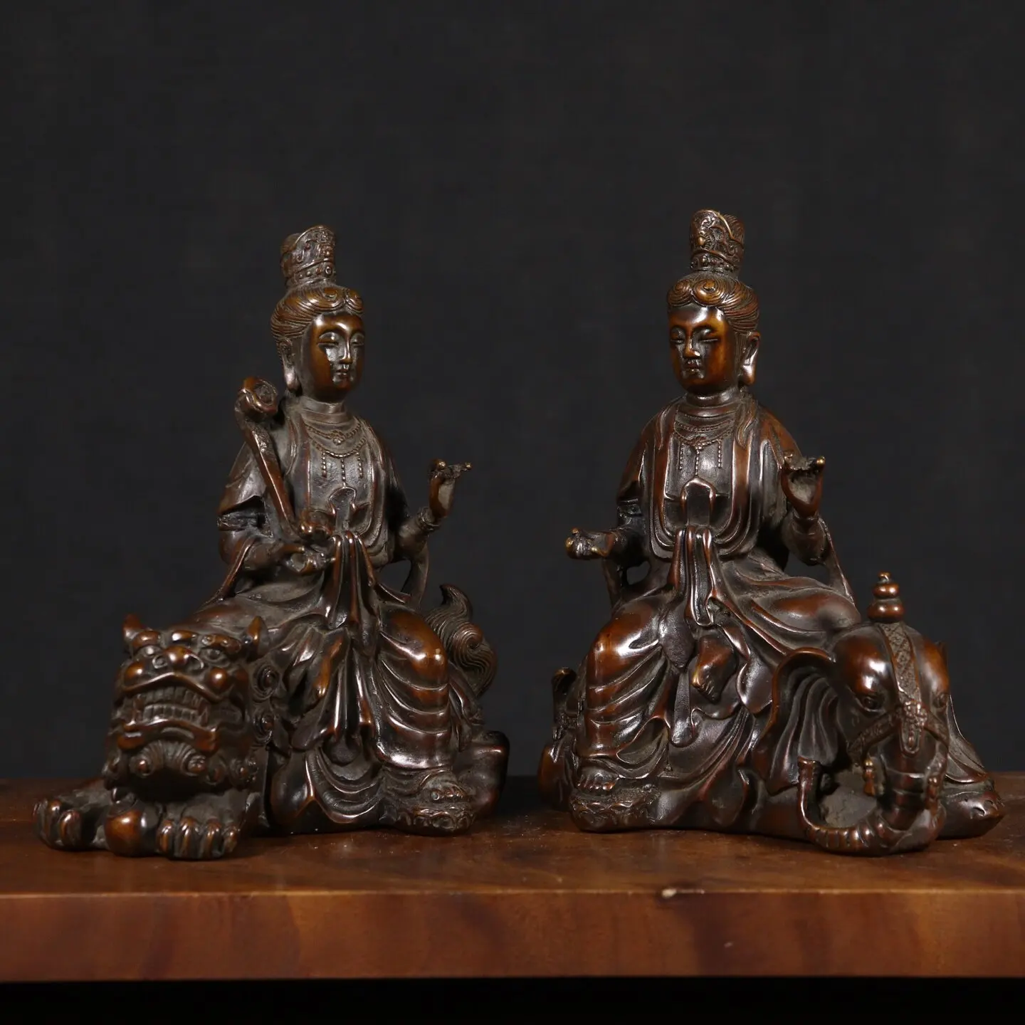 Handmade Pure Copper Manjusri Samantabhadra Bodhisattva Antique Statues Home Zen Worship Altar Decor