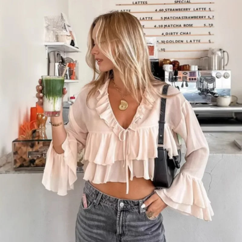 Chiffon-Rüschenhemd für Damen, 2025, Sommer, neuer Stil, französisch, elegant, rosa, V-Ausschnitt, langärmelig, Top, Großhandel für Damenbekleidung