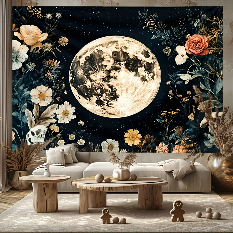 Tapiz Botanical Moonlight – Arte floral del cielo nocturno para sala de estar, dormitorio y decoración acogedora, tapiz decorativo para colgar en la pared