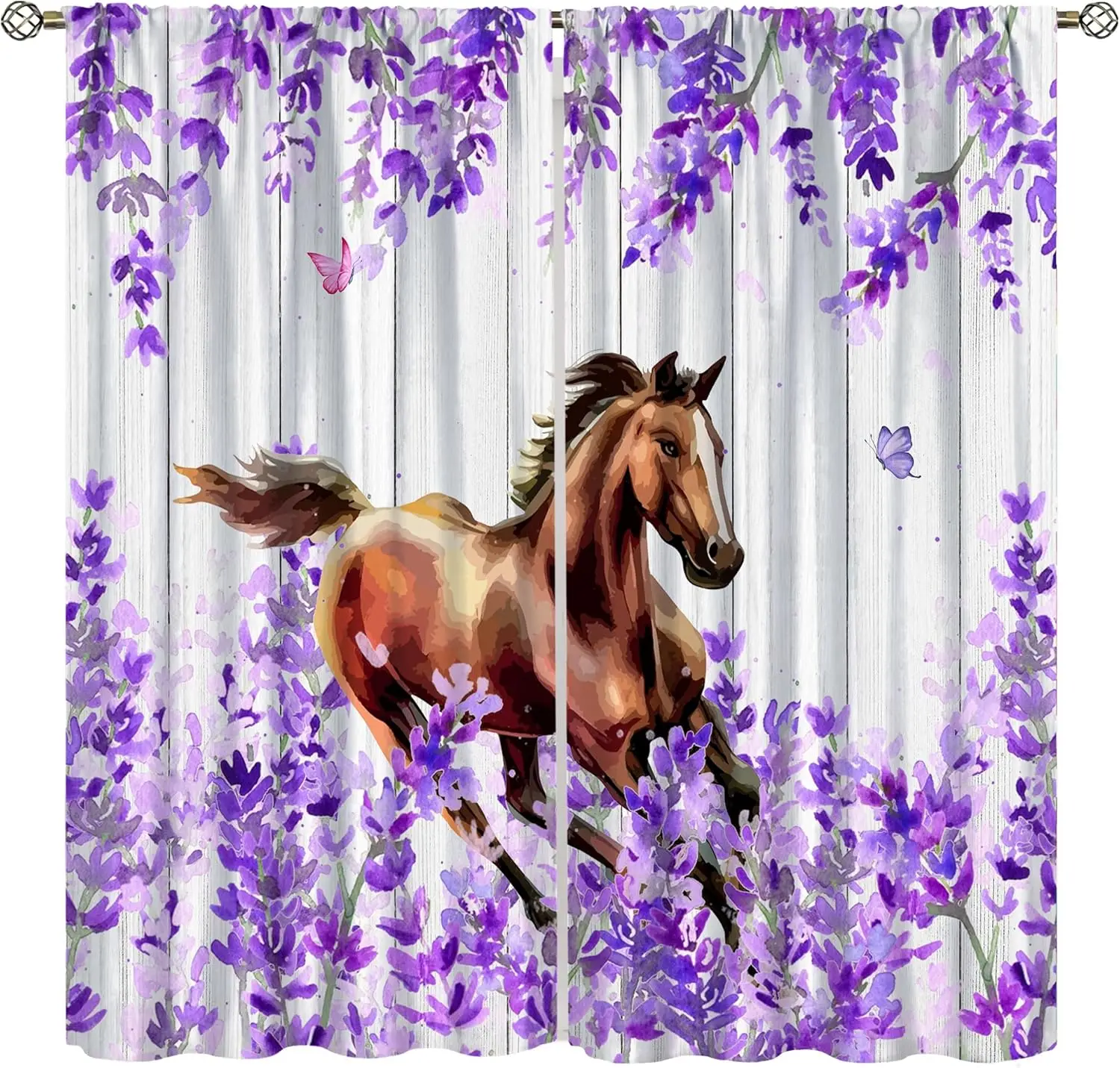 Farmhouse Horse Curtain Western Farm Animal Butterfly Horse Rustic Barn Door Lavender Vintage Country Window Treatments for