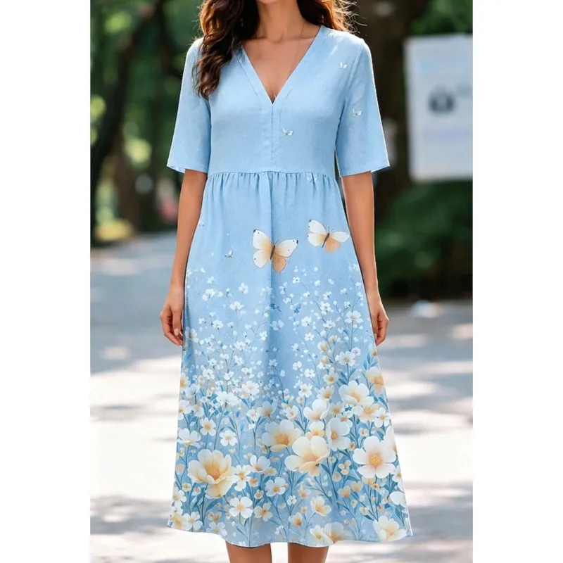 

Bohemian Fashion Butterfly Print Women's Midi Dress Summer Elegant V-neck Loose A-line Dresses Beach Vacation Vestidos For Lady