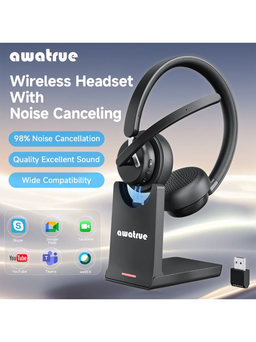 Awatrue draadloze headset Bluetooth-headset met AI-microfoon met ruisonderdrukking en oplaadbasis 2,4GHz-hoofdtelefoon met USB-dongle - afbeelding 2