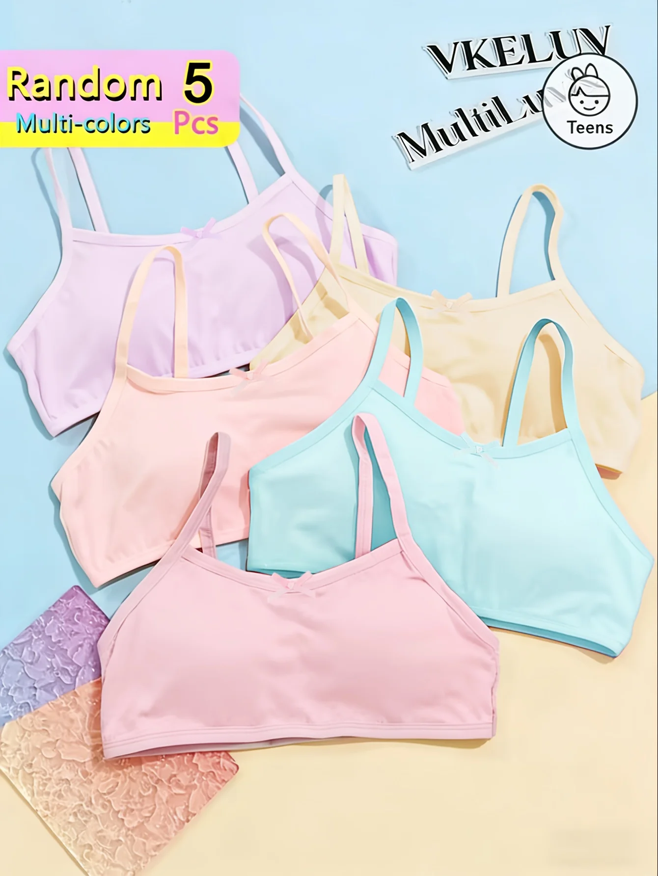 Random 5-Piece Set of Girls' Camisole Underwear for the Developmental Period, Soft Cotton with Thin Straps, Random Colors
