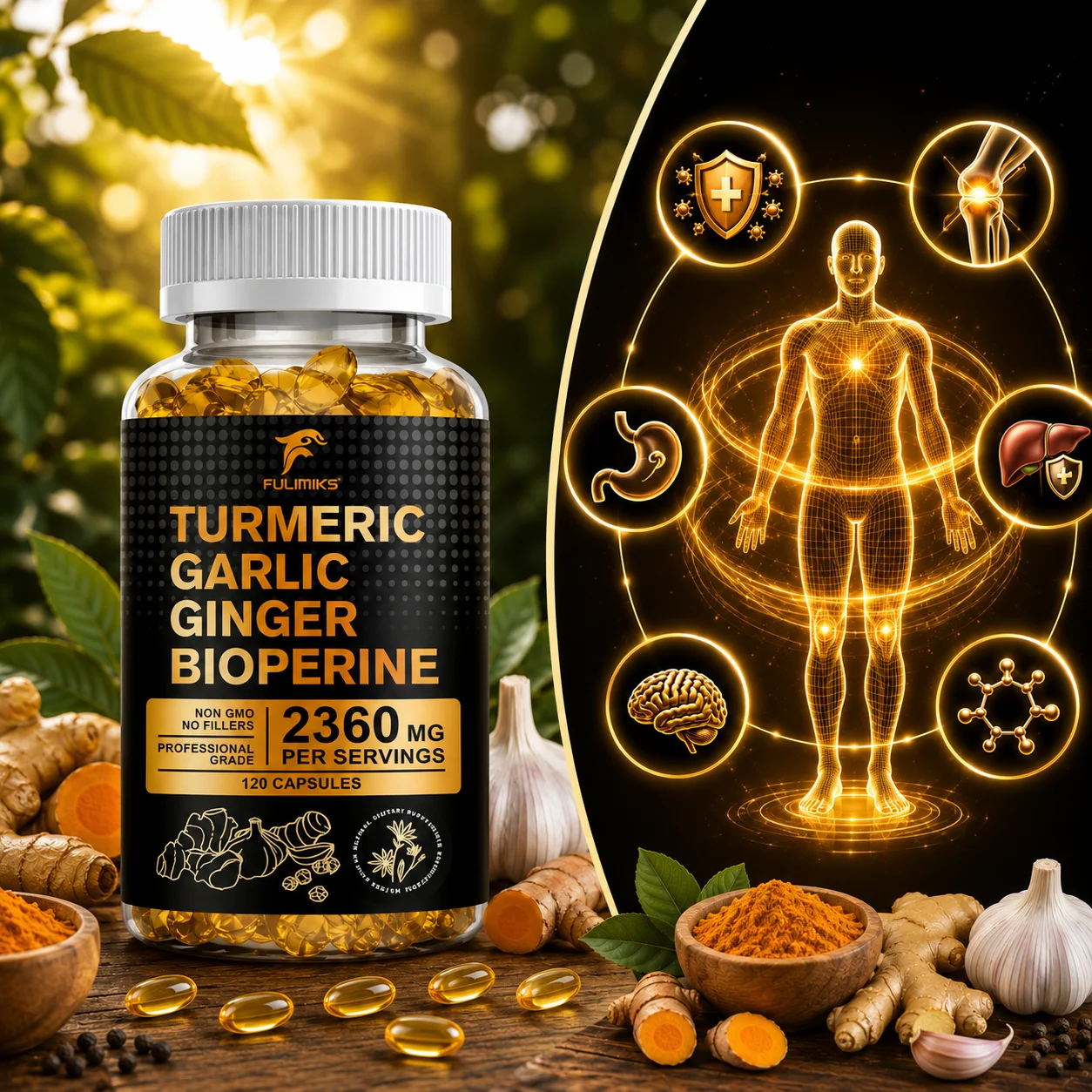 FULIMIKS Advanced Turmeric Capsules, with Garlic, Ginger & Bioperine, Supports Joint & Heart Health, Antioxidant, Digestion