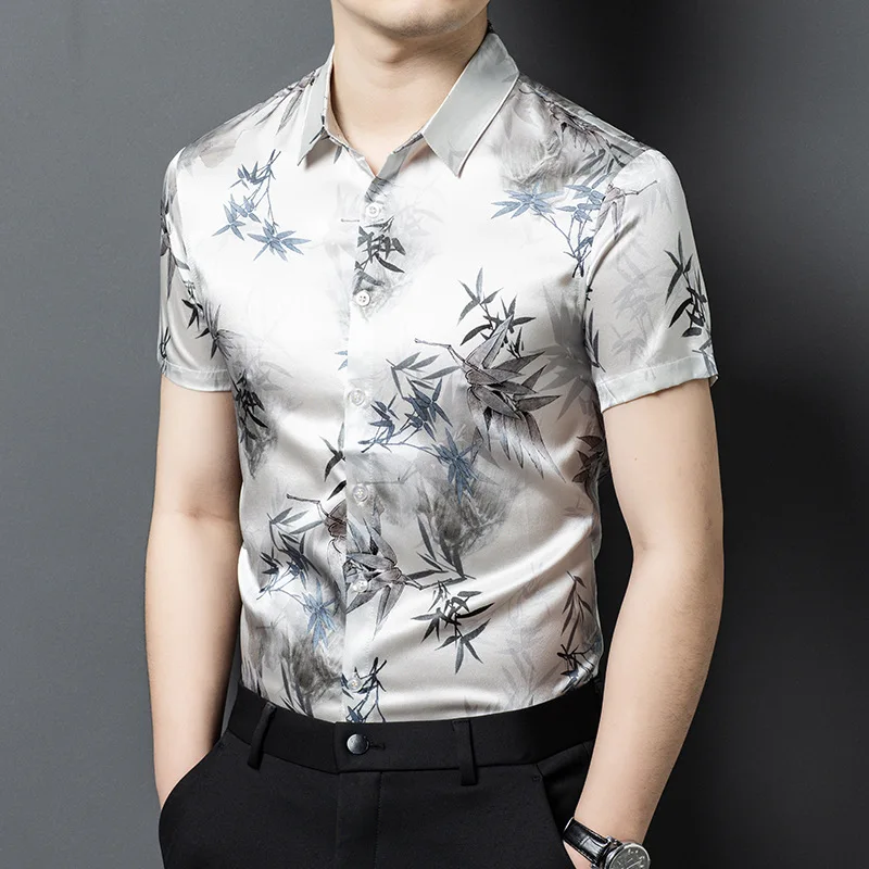 

High Quality Real Silk Men's Summer Short Sleeve Shirt Youth Business Casual Jacquard All-Match Half Flower Fashion Wear