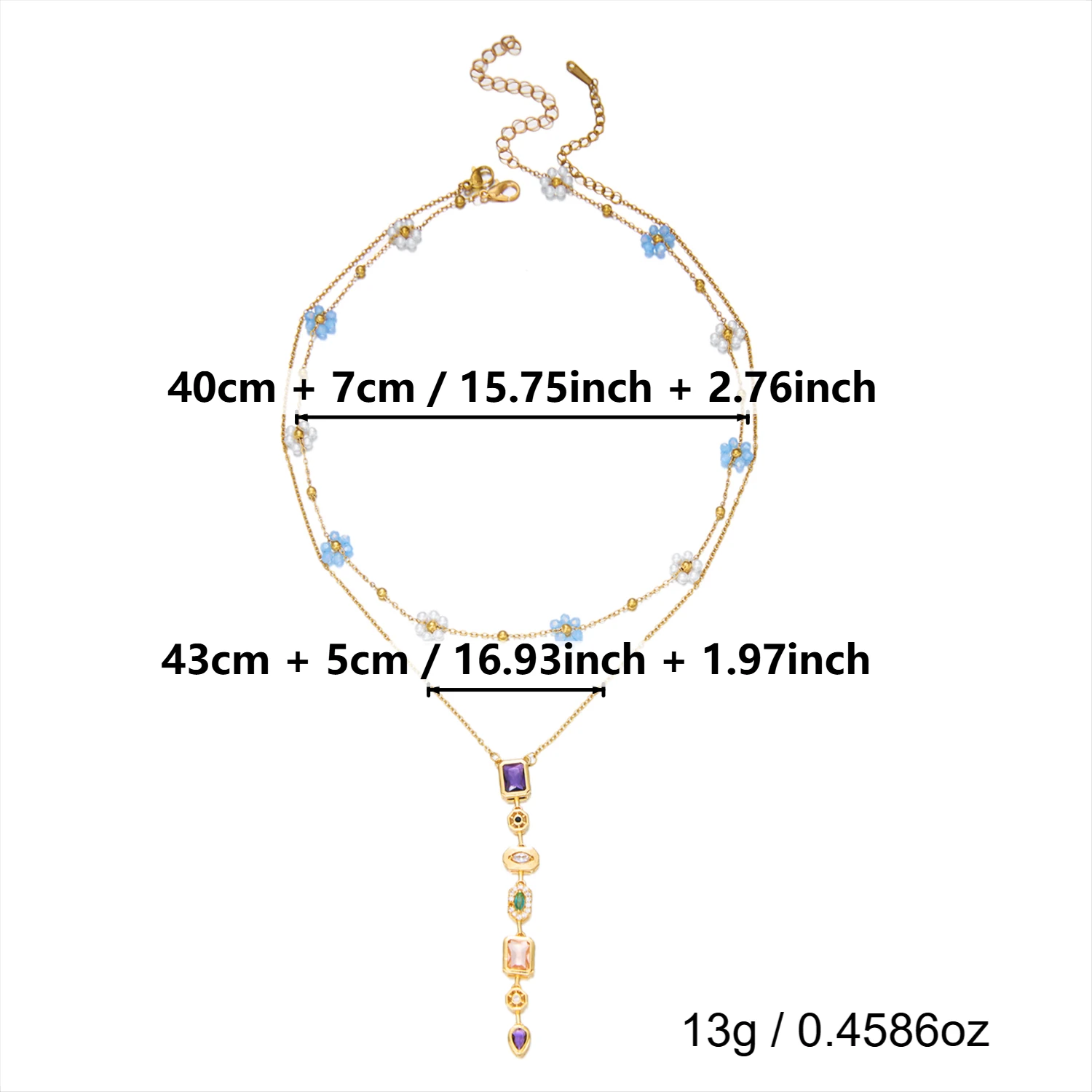 Zartes, PVD-vergoldetes, mehrschichtiges Halsketten-Set aus Edelstahl für Damen, bunte Kristall-Quasten-Blumenketten, Party-Schmuck, Geschenk – Detail 3